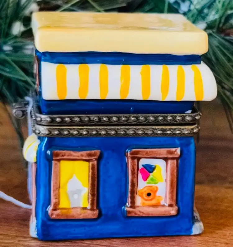 #01 - TOY SHOP TRINKET BOX Hinged VINTAGE Ceramic Treasure Keepsake Window AWNING Bike