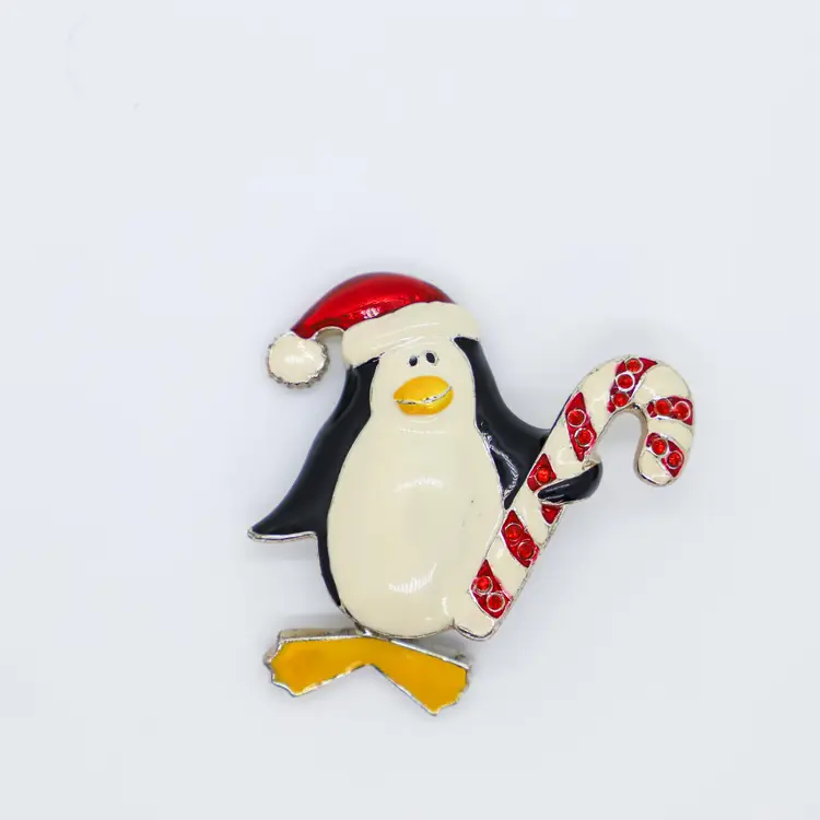 Christmas Penguin Brooch Pin Articulated Feet Candy Cane Enamel Silver Tone 1.5"L B25