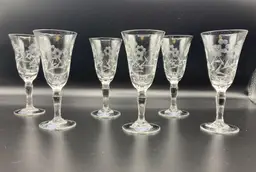 W.T. Grant Handcut Wine Glasses - Set of 6 Etched - New Old Stock- Vintage