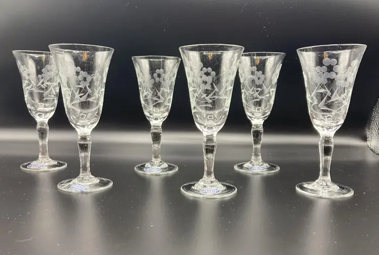 W.T. Grant Handcut Wine Glasses - Set of 6 Etched - New Old Stock- Vintage