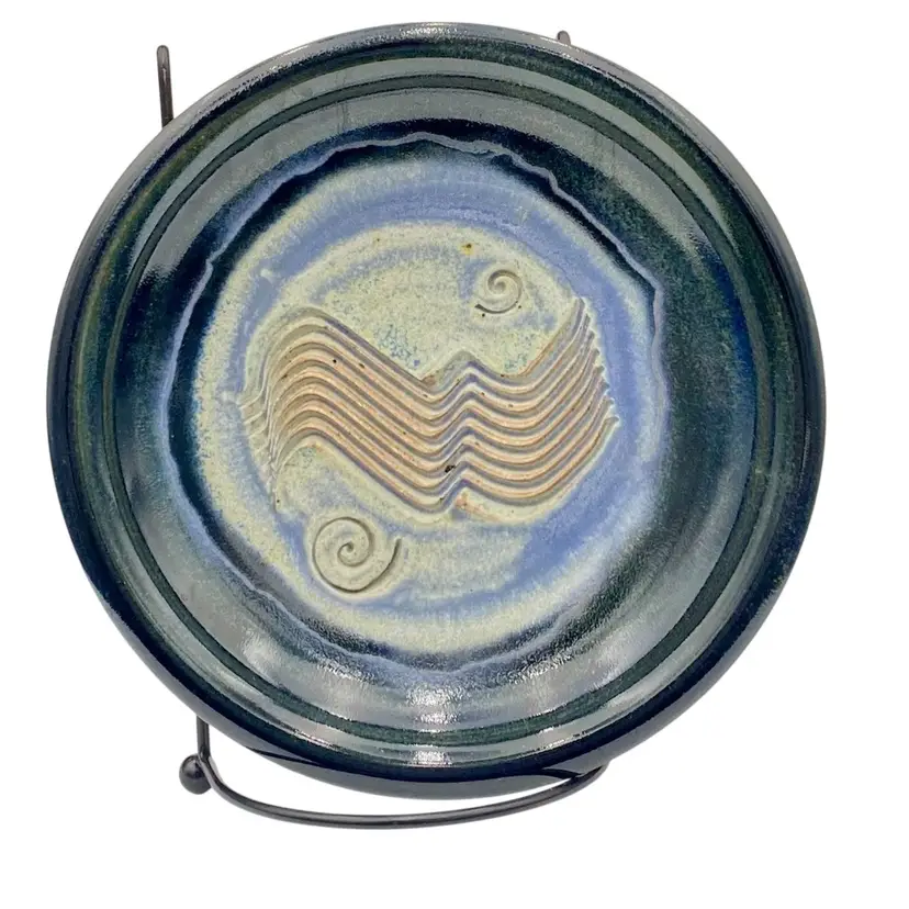 Colby Clayworks Studio Pottery Garlic  Rubbing Dish, 6.3”, Shades of Blue Signed