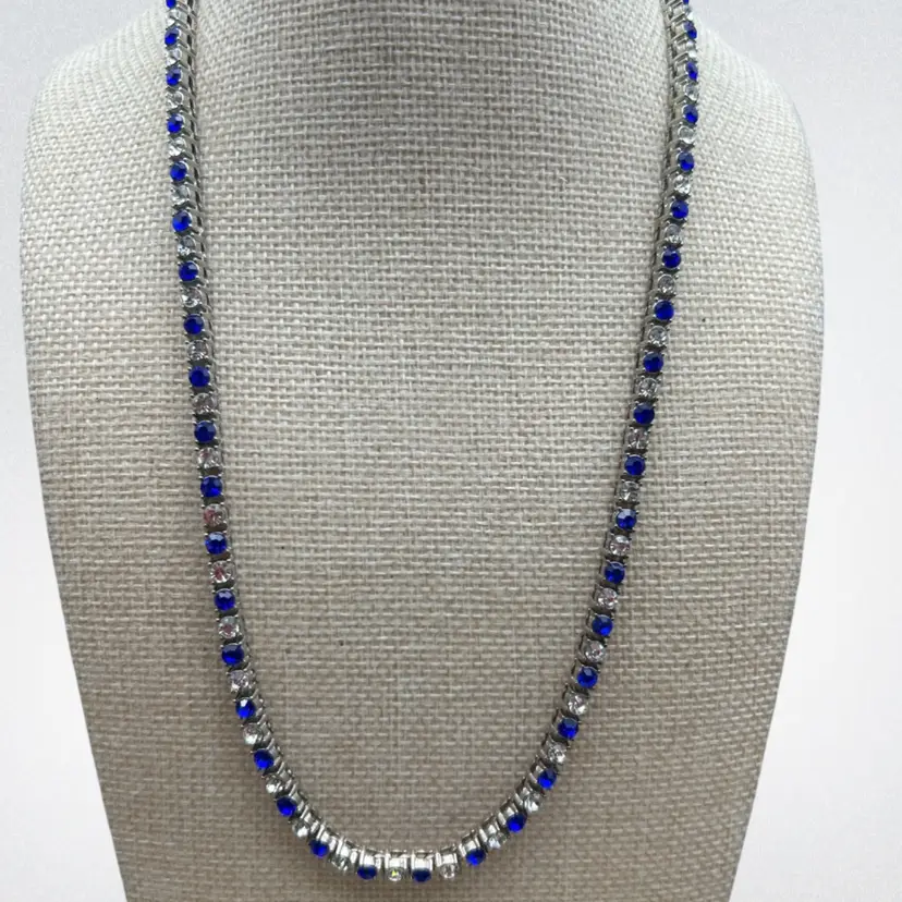 Vintage Blue & Clear Rhinestone Tennis Necklace – 18” Silver Tone, Sapphire Glass Crystal Alternating Line