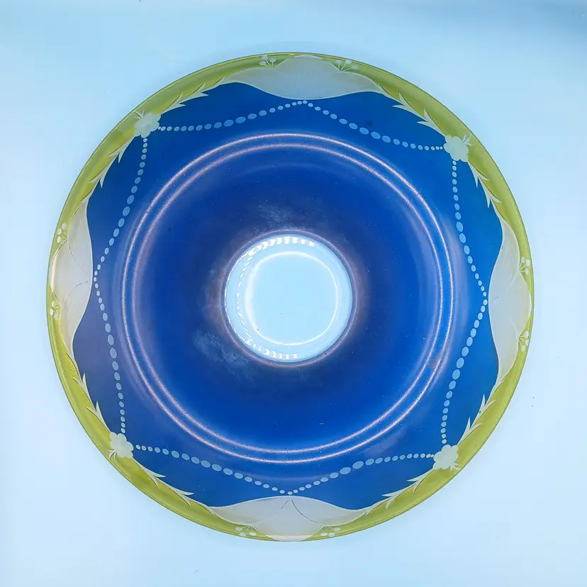 Antique Westmoreland Lotus Console Bowl, Blue, Yellow, Cut To Clear