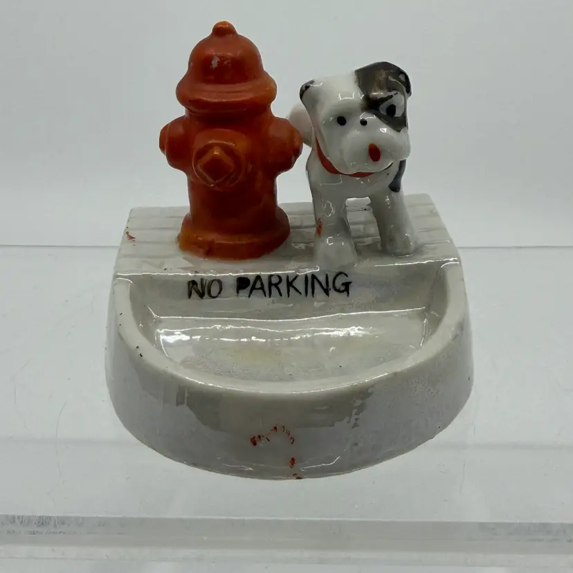 Vintage 1950s Japan Porcelain Dog w Fire Hydrant Ashtray/trinket Dish
