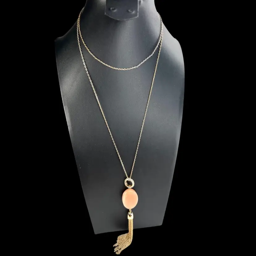 ANN TAYLOR Loft Outlet Tassel Signed Necklace. Peachy Pink Pendant Adorned with Crystal Open Ring.