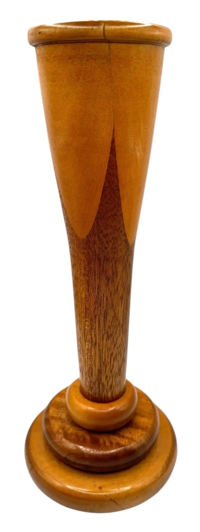 Vintage Hand Turned Inlaid Wood Vase Trumpet Footed Pedestal Handmade 11.25”