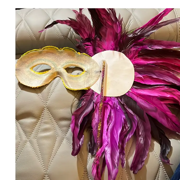 Mardi Gras Peacock, Purple And Black Feather Mask On A Stick. New Orleans Fat Tuesday Party