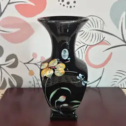 2002 Fenton Hand Painted by JK Spindler Black Glass Vase Don Fenton Signed #510