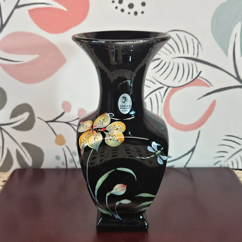 2002 Fenton Hand Painted by JK Spindler Black Glass Vase Don Fenton Signed #510