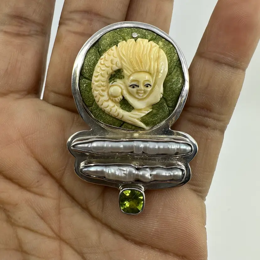 Rare Chris Bale Elligators Sterling Silver Hand Carved Bovine Bone Mermaid Brooch or Pendant