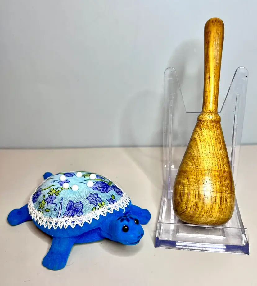Vintage Blue Flocked Turtle Pin Cushion With Wooden Sock Darner Sewing Supplies