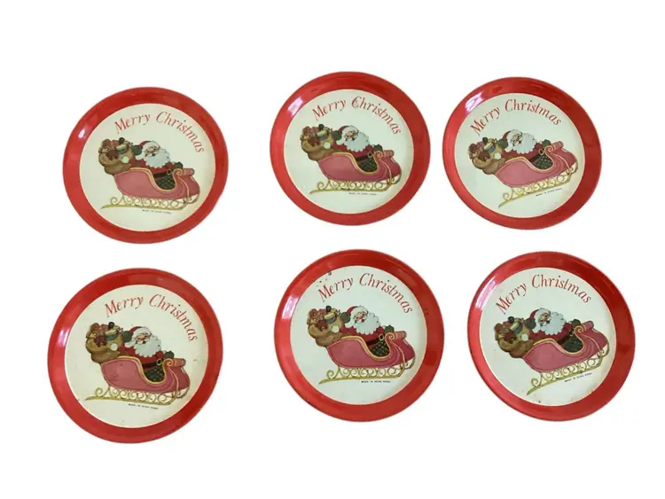 Vintage Metal Christmas Coasters Set of 6 Santa Rudolph Made in Hong Kong