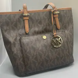 MICHAEL KORS Jet Set Medium Top Zip Signature Logo Tote Brown Luggage