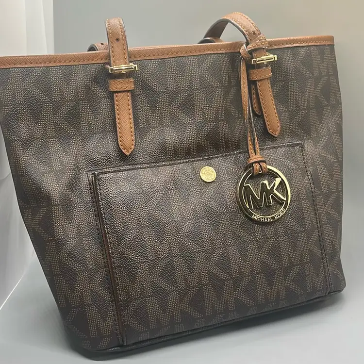 MICHAEL KORS Jet Set Medium Top Zip Signature Logo Tote Brown Luggage