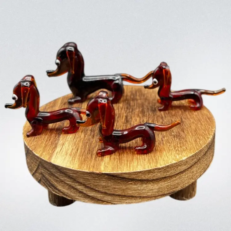 #236B Blown Glass Miniature Dachshund/Weenie Dog Family. Brown/Amber With Big Eyes. 
Set Of Four Mother And Three Puppies