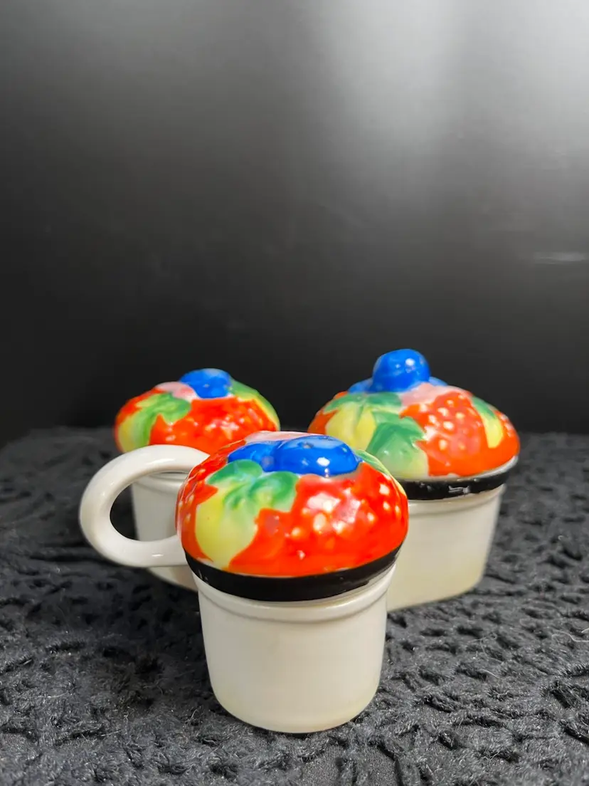 Salt & Pepper, Jam Jar w/ Caddy that has a Handle. Hand Painted. Strawberries, Blueberries & Leaves. Very Colorful!