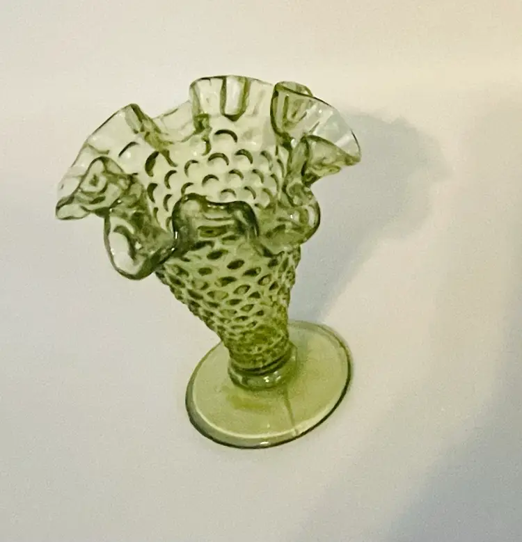 Vintage Fenton 4 inch Hobnail Glass Vase in Colonial Green with Ruffled Top