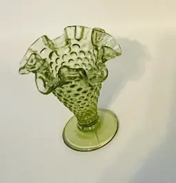 Vintage Fenton 4 inch Hobnail Glass Vase in Colonial Green with Ruffled Top