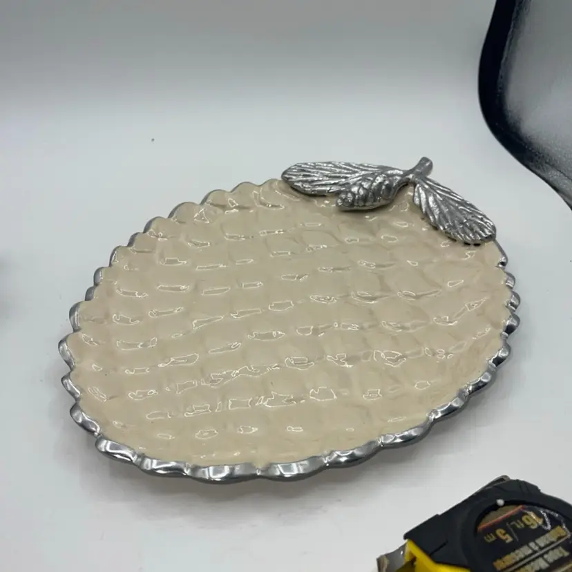 Julia Knight Emerald 13 Inch Pine Cone Platter Beige Enamel And Silver