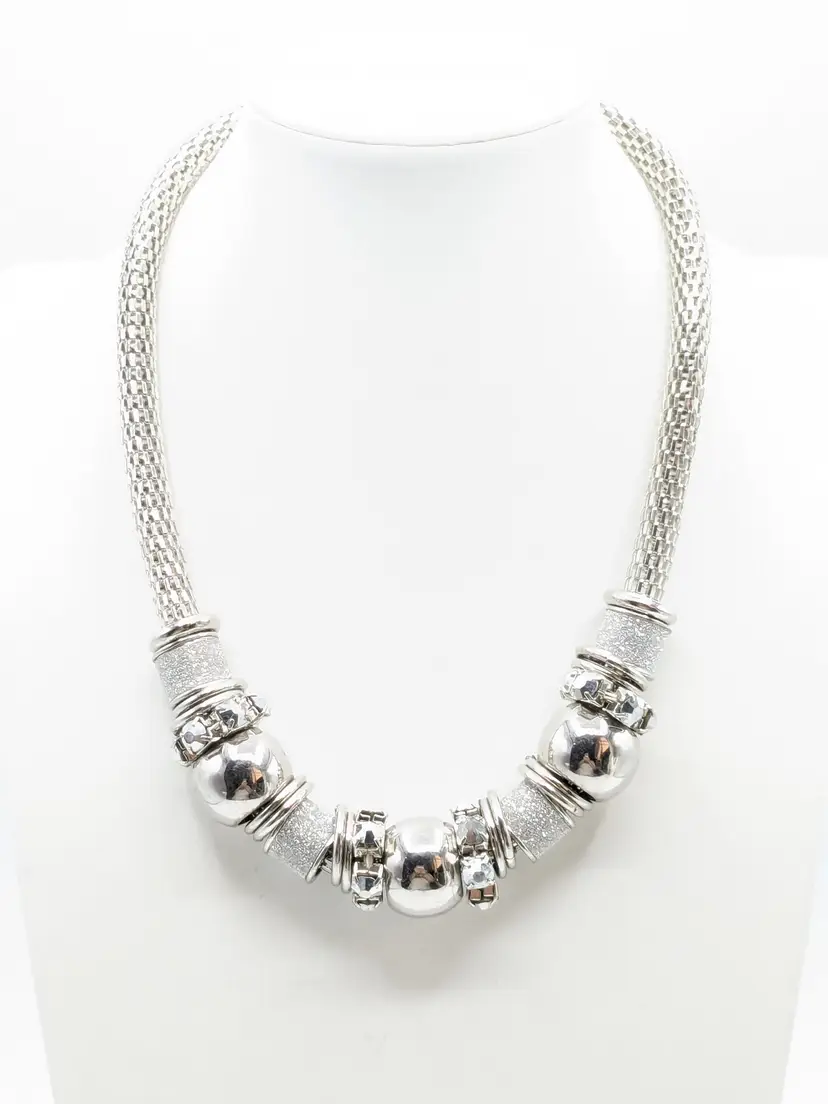 NY Silver Tone Metal Mesh Chain with Beads Rhinestone Necklace