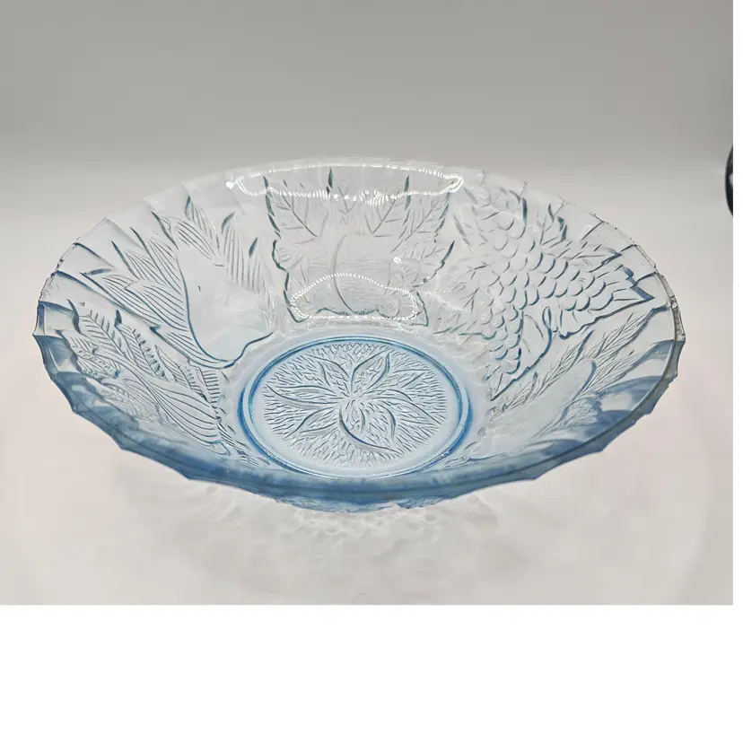 #01 - Two Vintage Ice Blue Bowls, Fruit Pattern and Scalloped Edges, 7" diameter x 2.25" deep