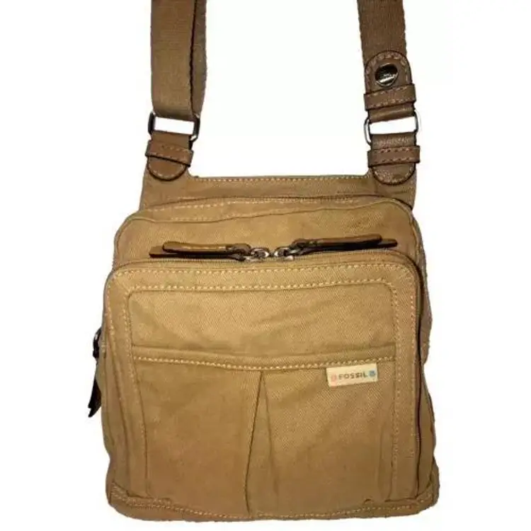 VTG Fossil Canvas Khaki Multi Pockets Crossbody Floral Print 3 Compartments Bag