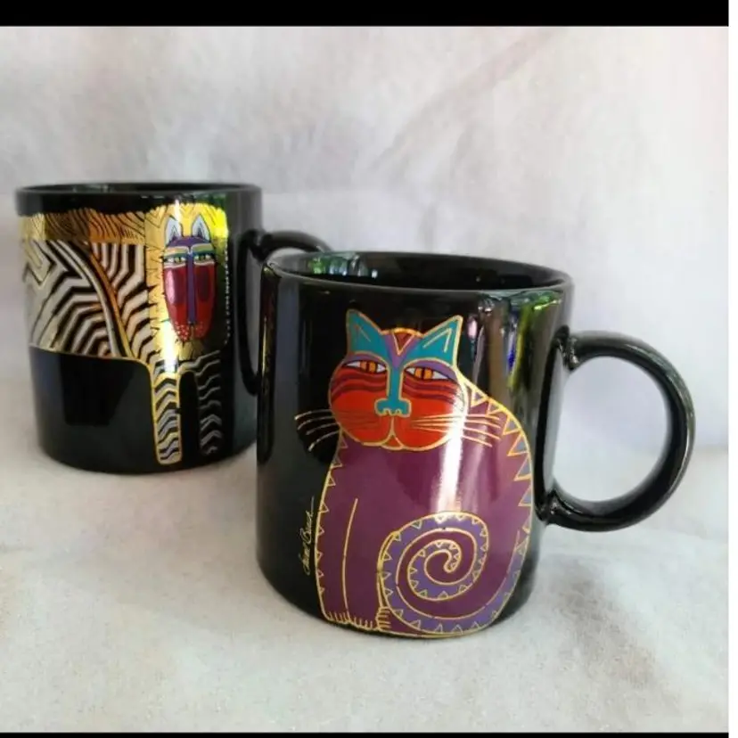 Pair of Laurel Burch Gold Stripped Lion Cat Mug Coffee Cup Black White Signed