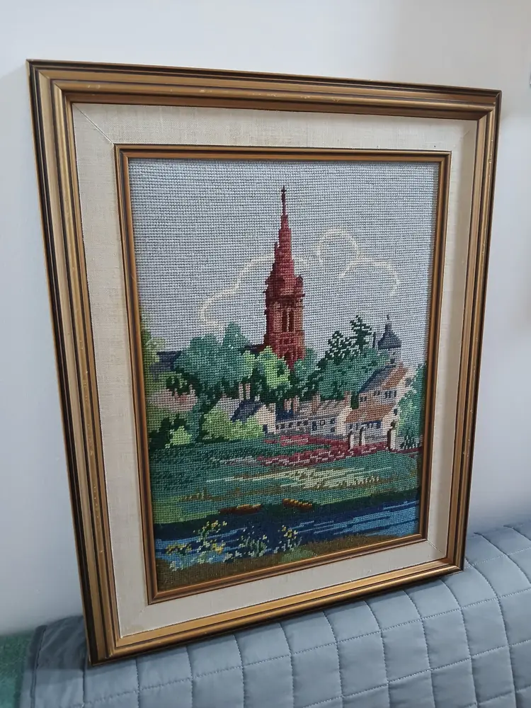 Vtg 1985 Framed Needlepoint Church Countryside Wall Art