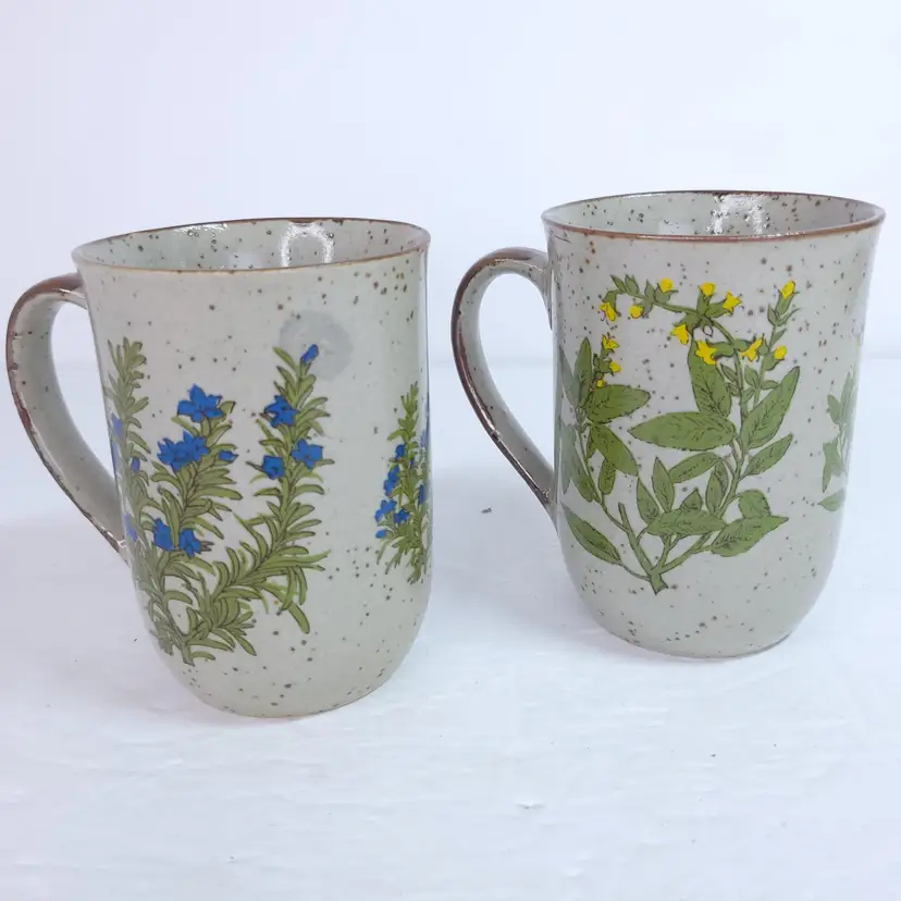Set of 2 Vintage Speckled Stoneware Otagiri Style Mugs Blue Yellow Flower Herb