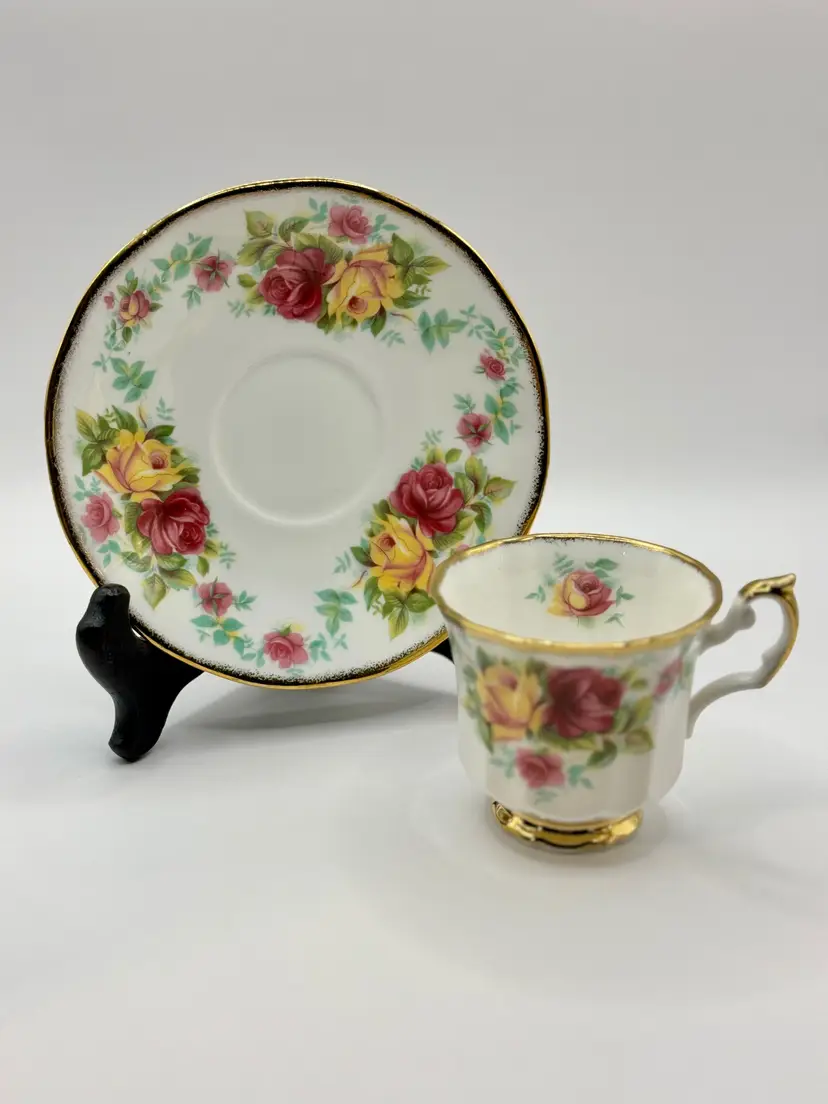 Vintage Queen’s Fine Bone China Floral Porcelain Teacup & Saucer With Gold Accents, Hand-Painted Yellow & Red Roses Motif Collectible, By A Crown Ford Product, Made In England