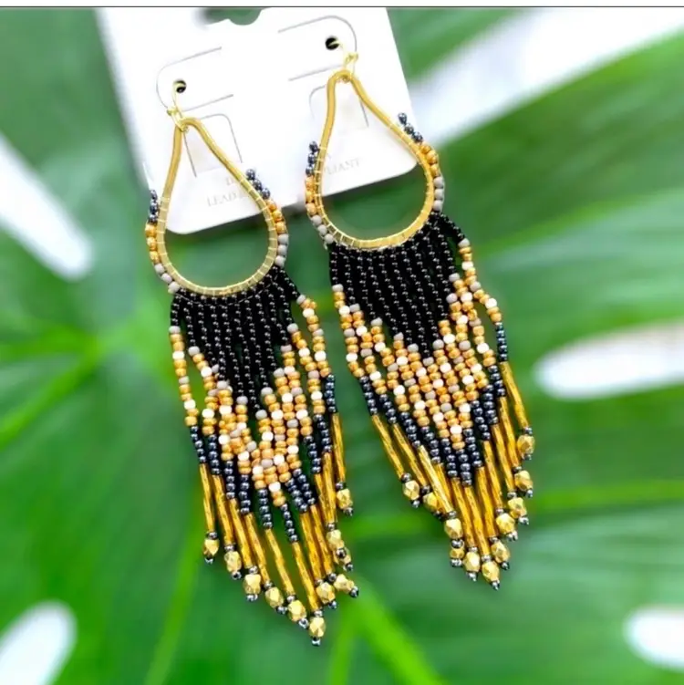 Black And Gold Seed Bead Statement Earrings