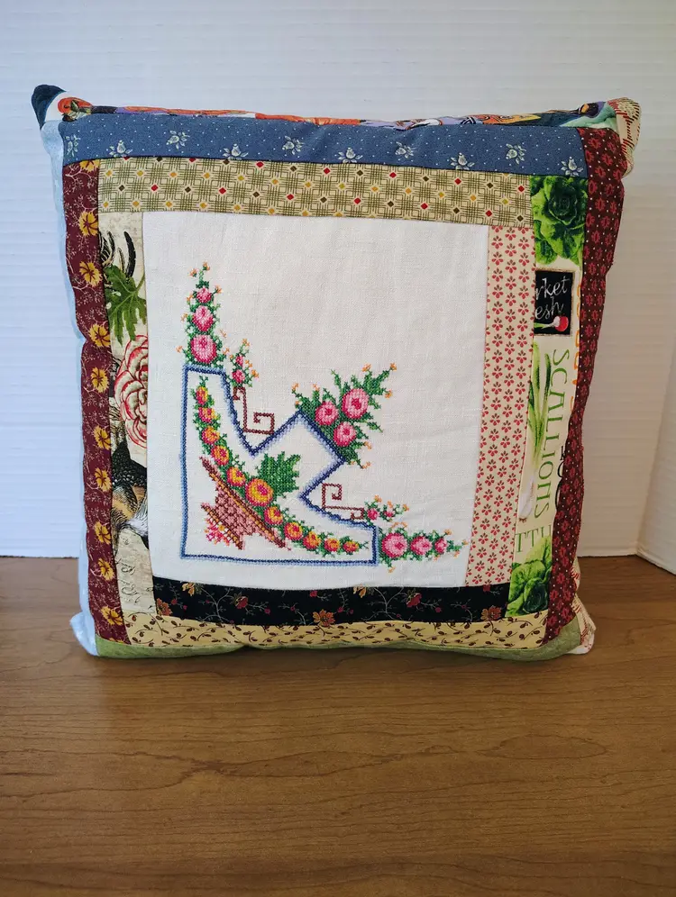 Vintage Handmade Quilted Patchwork Pillow Cross Stitch Flowers Log Cabin Style