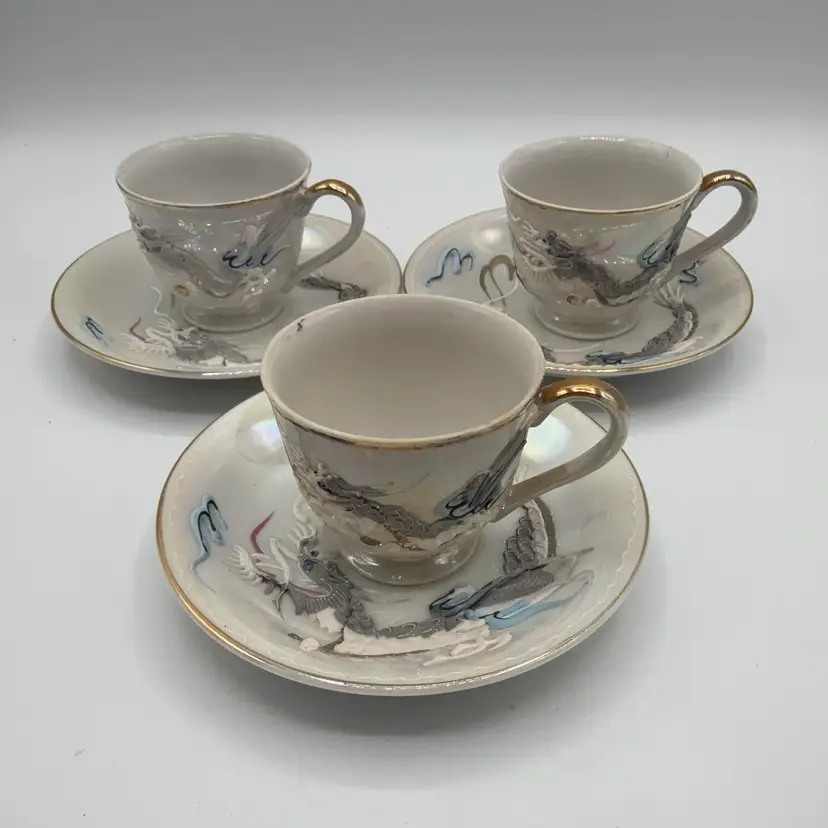 Set Of 3 Dragon Ware Luster Geisha Lithophane Geisha Teacups And Saucers