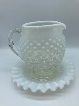 Fenton Hobnail Style Opalescent White Glass Syrup Pitcher 949B, with Saucer