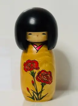 Japanese Wooden Dolls Kokeshi Young Girl with Red Carnations 5.5"
