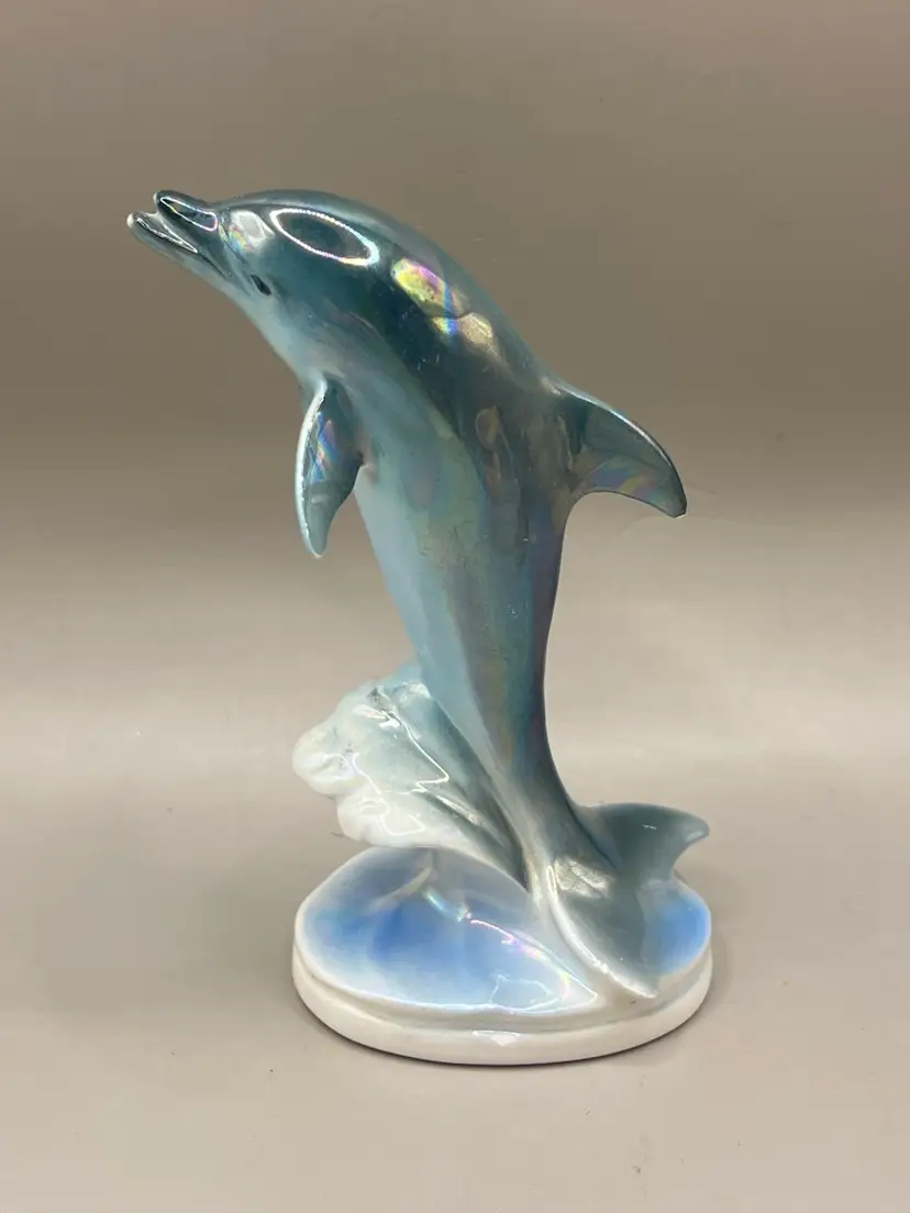 Norcrest Japan Ceramic Dolphin Figurine Statue Blue Iridescent 5” Vintage