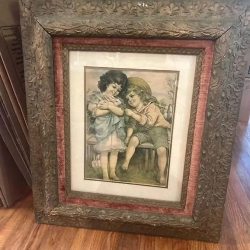 Antique Peter Rabbit Lithograph: Victorian Boy & Girl Illustration