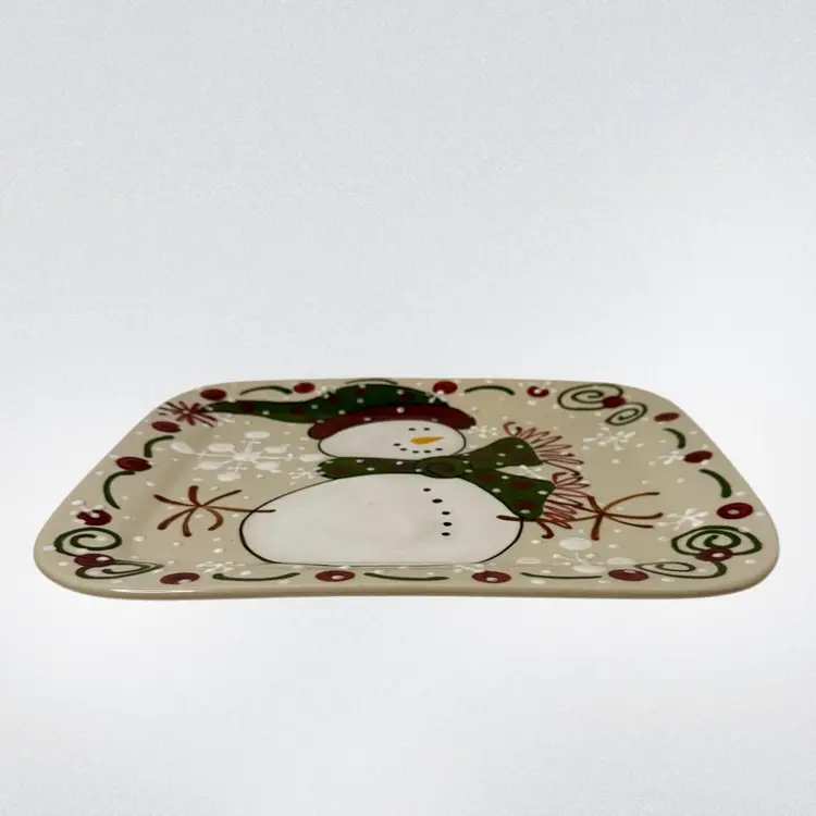 Expressly Yours Pottery Snowman Platter/Cookie Tray Signed Snowman Snowflakes Winter Holiday Whimsical 2004
12” x 10-1/2”
