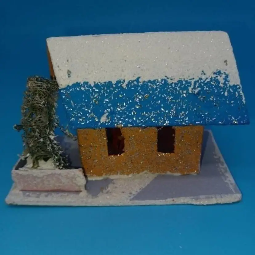 Vintage Putz House Christmas Japan circa 1950 terracotta & blue glitter roof