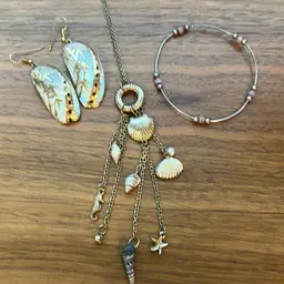 Lot Of 3 see Moteef shell necklace earrings, and sterling pink beaded bracelet