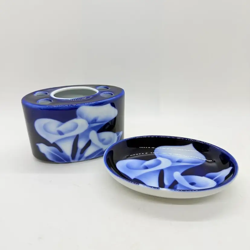 Vintage Takahashi Floral Bathroom Set Toothbrush & Soap Dish Blue In Glaze Lily