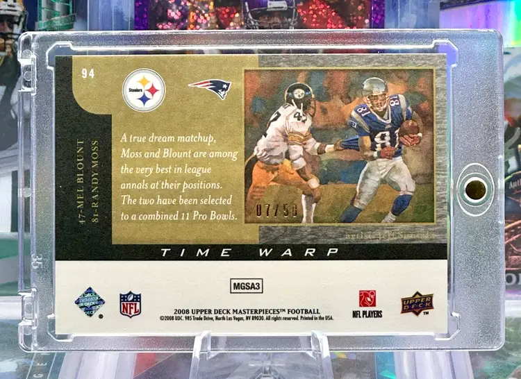Randy Moss Mel Blount 2008 Upper Deck Masterpieces /50 Blue Framed TIME WARP New England Patriots Pittsburgh Steelers