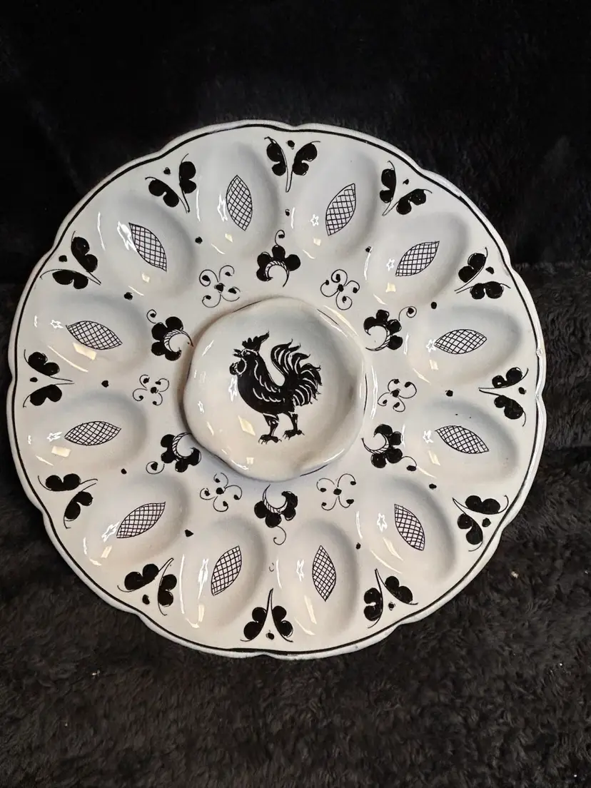 Handcrafted Black and White Made in Italy Rooster Deviled Egg Platter Signed