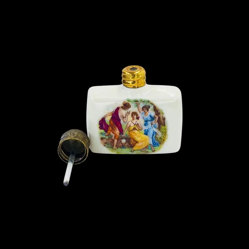 Miniature Perfume Bottle Hand Painted Porcelain w/glass Dabber Approx 2x2”