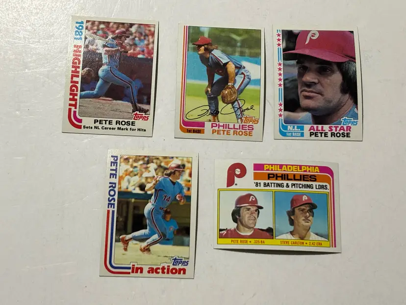 1982 Topps, Pete Rose, Philadelphia Phillies, Lot Of 5 Different Cards. #s 4, 337, 636, 780, 781 EX