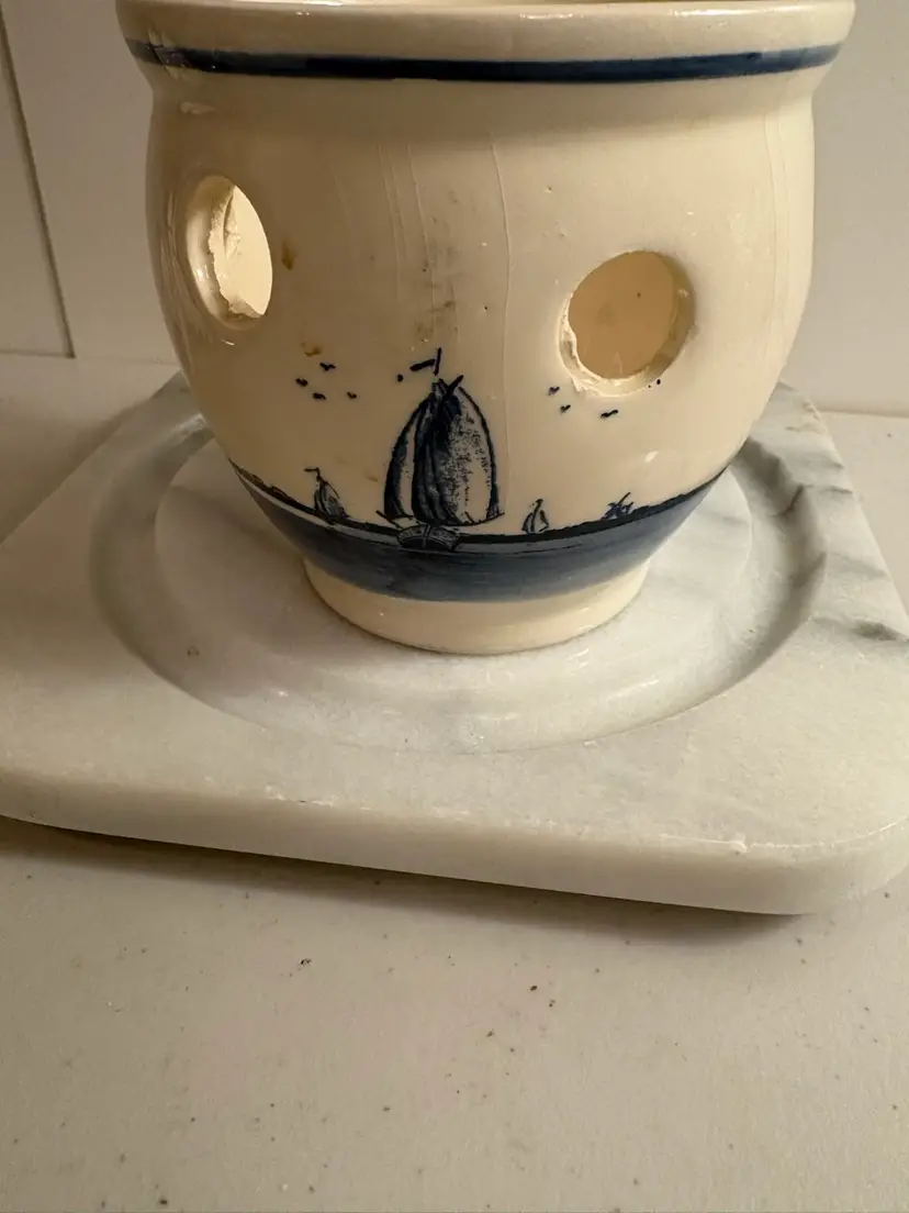 Vtg DELFTS  HANDPAINTED CROCUS PLANTER HOLLAND Dutch Windmill Ships  Blue *ds