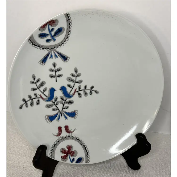 Anthropologie Black Thistle Blue & Red Love Birds 8” Salad Plates~ Set Of 4