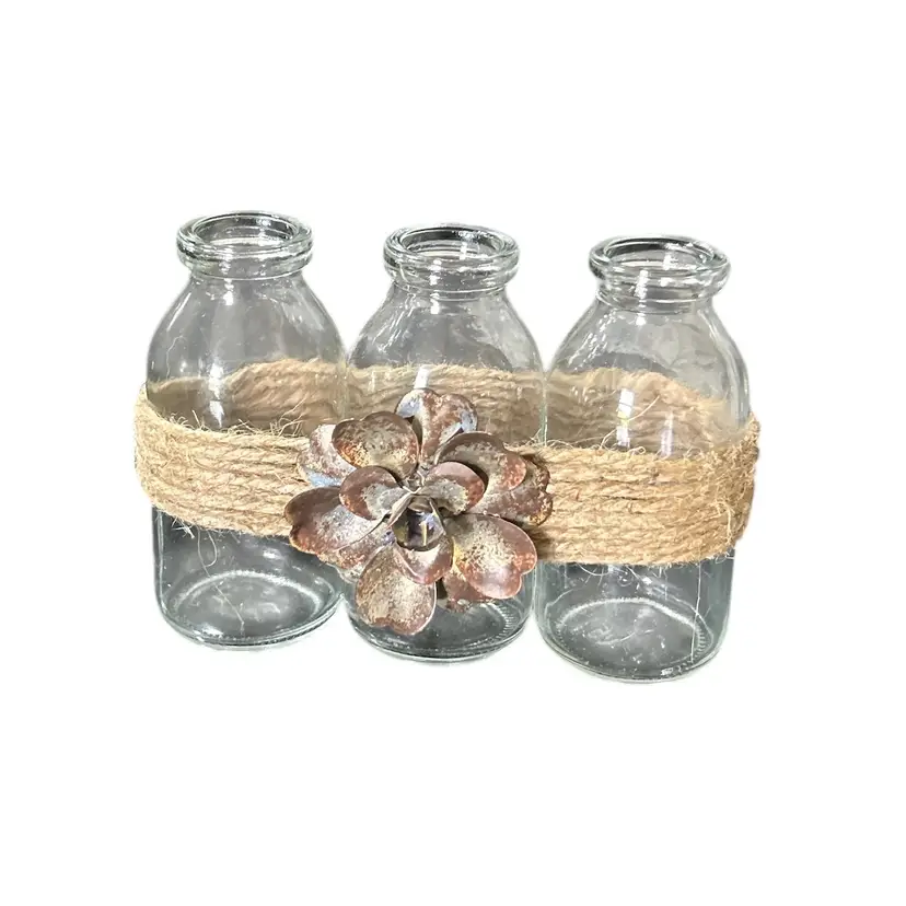 3 Small Glass Bottled Tied with Jute and Decorative Flower
