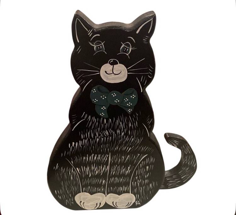Vtg Hand Carved Hand Painted Wooden Black Cat 10” Figurine Folk Art Posable 🐈‍⬛