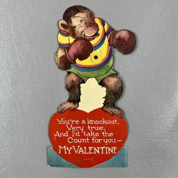 Vintage Valentine Die Cut Mechanical Card Anthropomorphic Money Boxing Knockout USA 6.5"